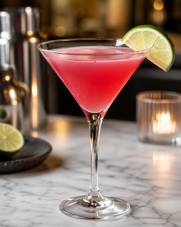 Stoned Cosmo cocktail with lime garnish