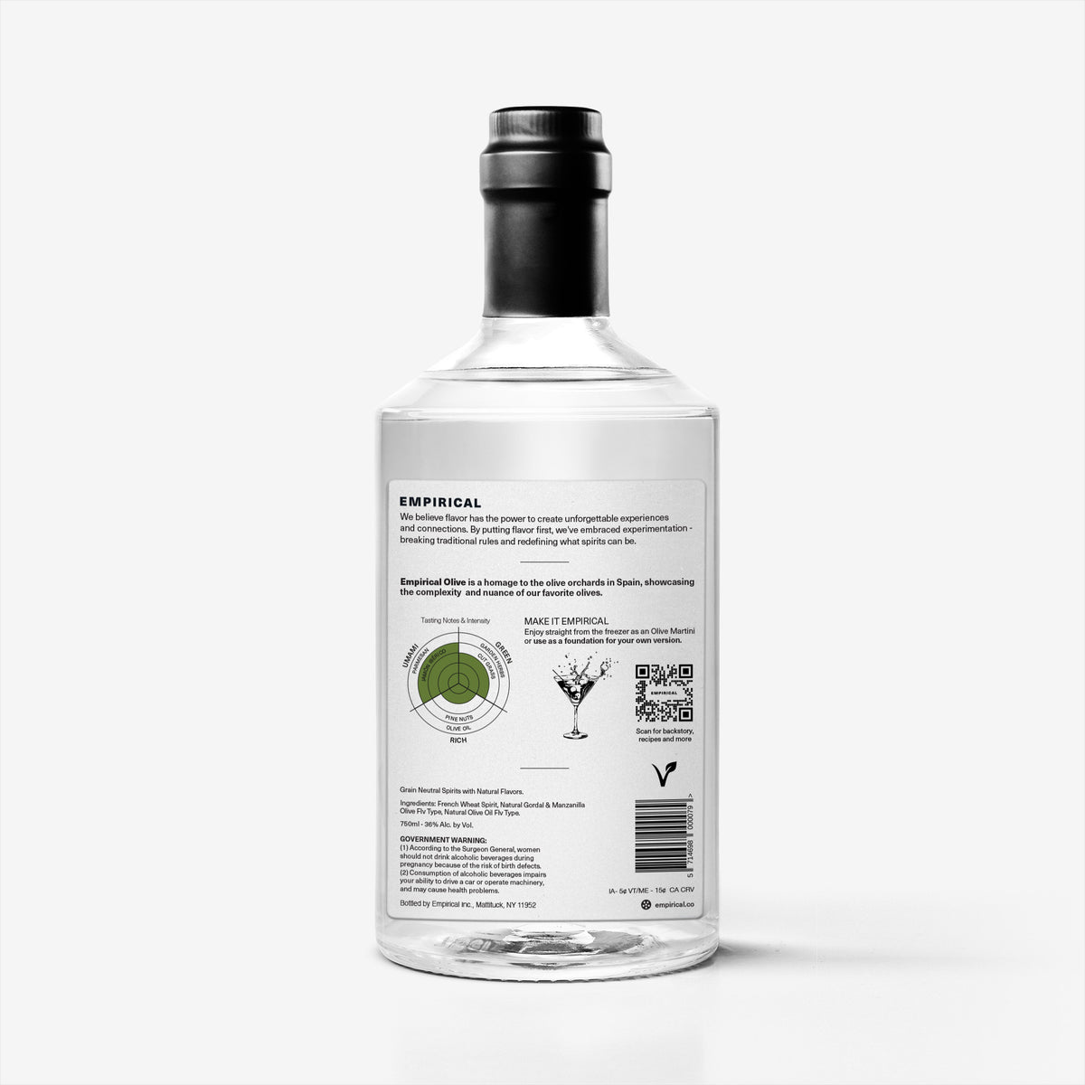 Empirical Olive 750ml bottle, back label with ingredients and botanical info
