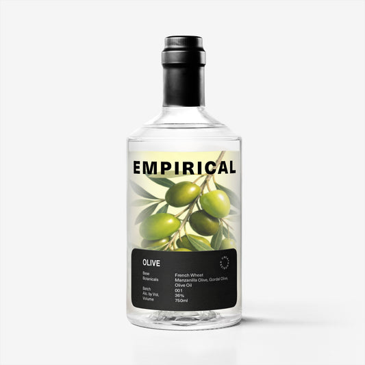 Empirical Olive 750ml bottle, front label with green olive illustration