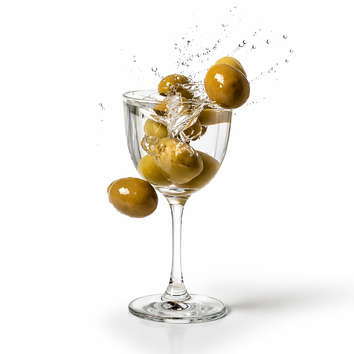 Green olives splashing into a martini glass