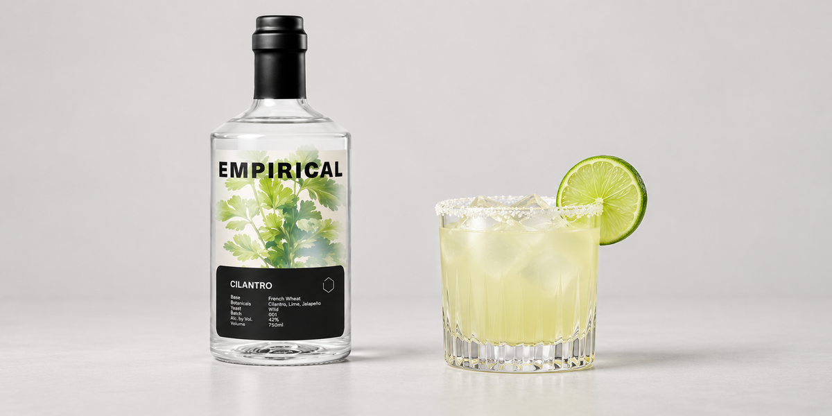 Empirical Cilantro bottle beside its cocktail